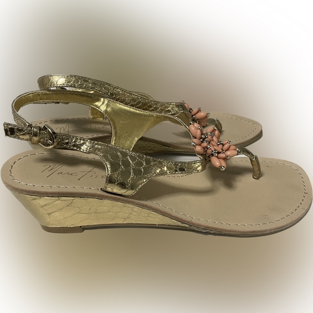 Marc Fisher Gold Wedge Sandal 7.5